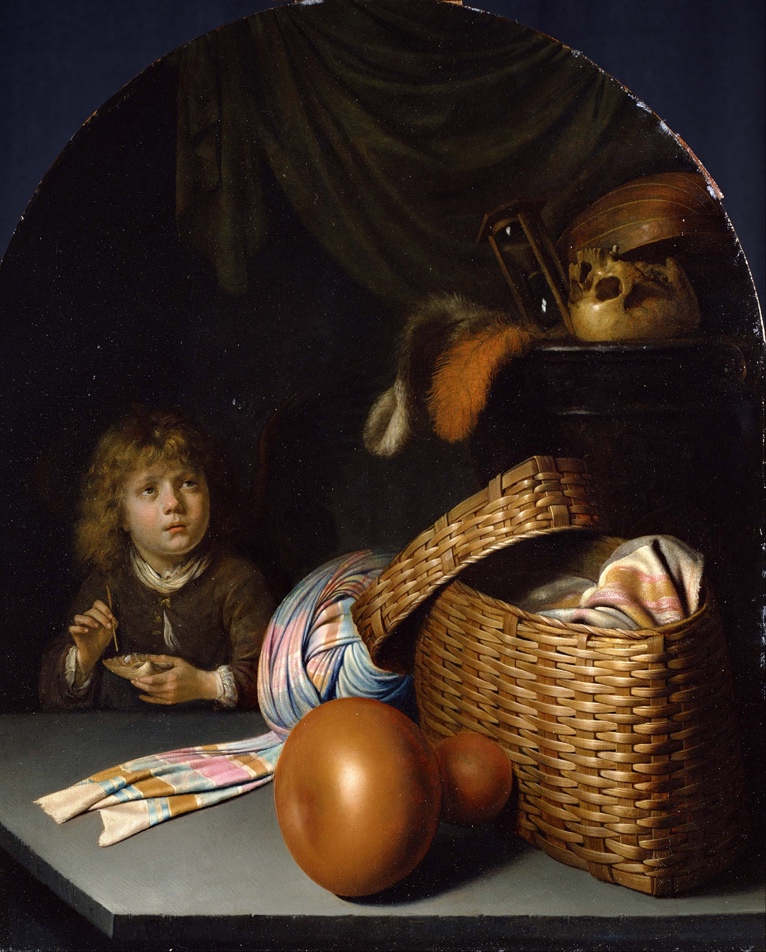A painting of a child sitting next to baskets Description automatically generated