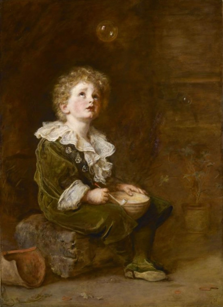 A painting of a child sitting on a log Description automatically generated