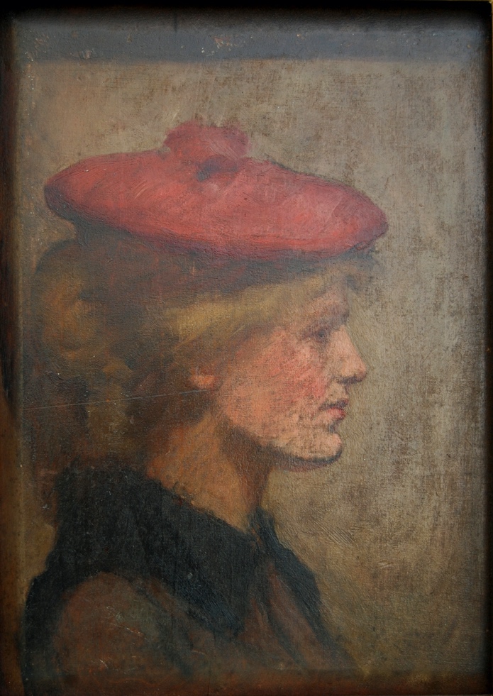 A painting of a person wearing a red hat Description automatically generated